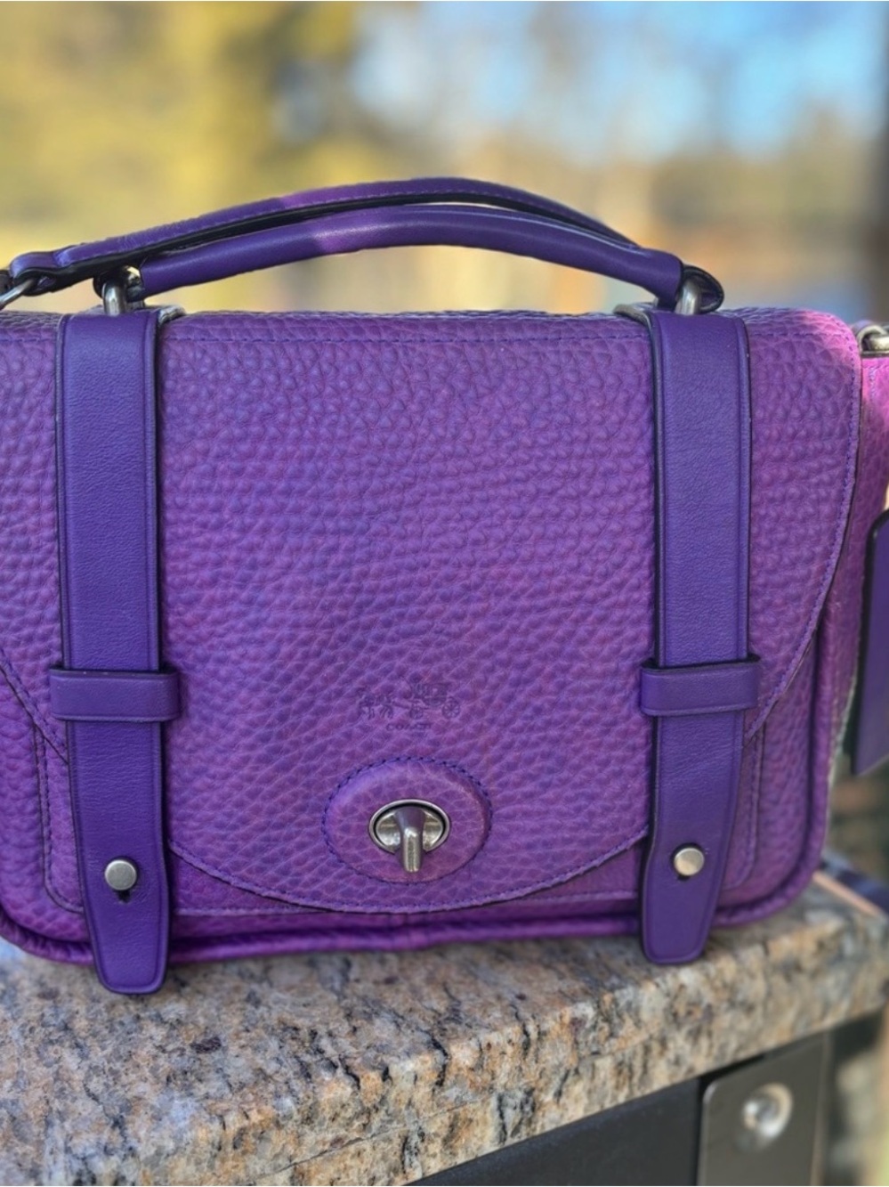 Coach Purple Pebbled Leather Satchel with Turn-Lock
